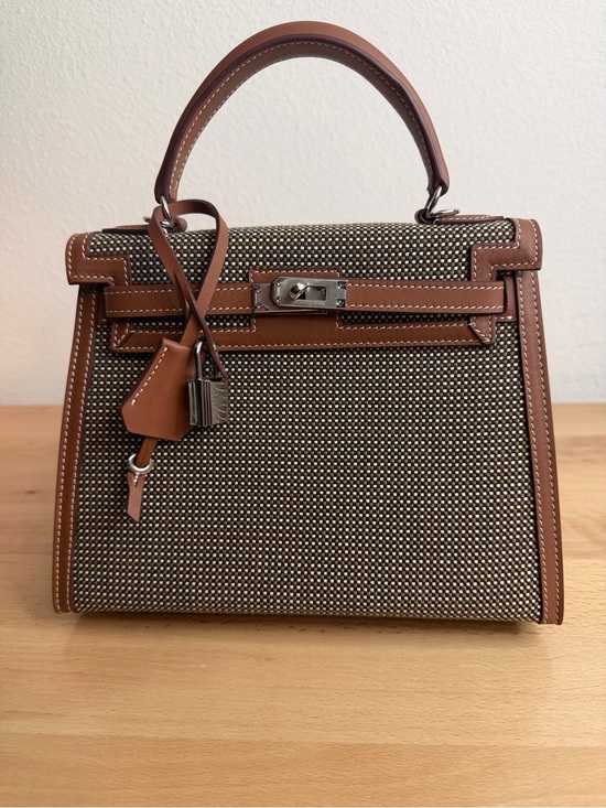 H Handbags - Rare H Kelly Sellier 25 check Toile Quadrille canvas Sesame Swift leather PHW
